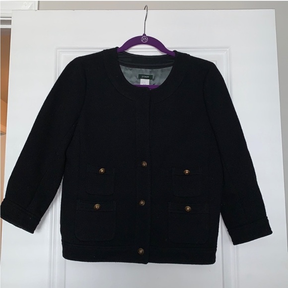 J. Crew Black Wool Pique Sultana Jacket Cropped blazer Gold Buttons pockets - Picture 4 of 9